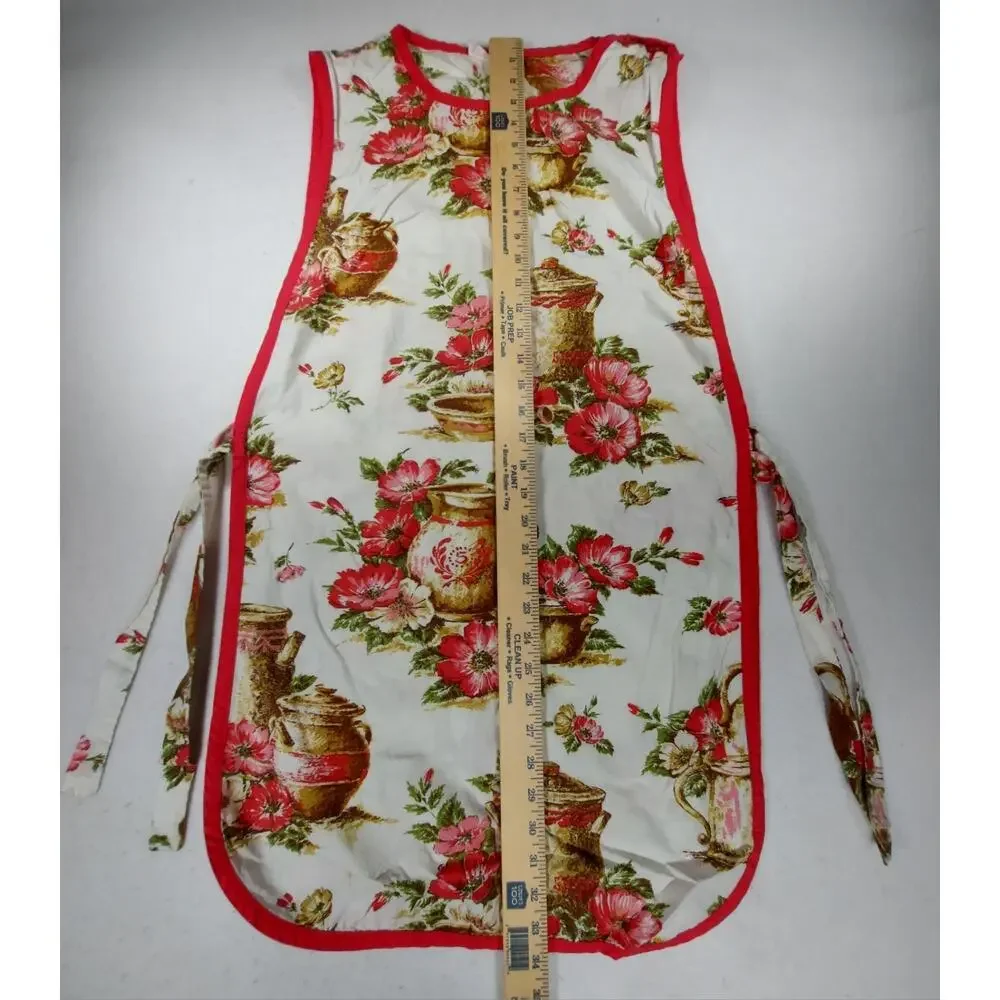 Vtg 1950s 1960s Carmen Lee Smock Apron Full Bib Cottagecore Pitcher Floral Red